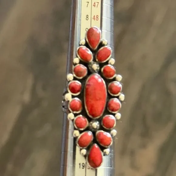 Red Coral Sterling Silver Cluster Statement Ring Large Bohemian Cocktail Ring - Picture 2 of 6